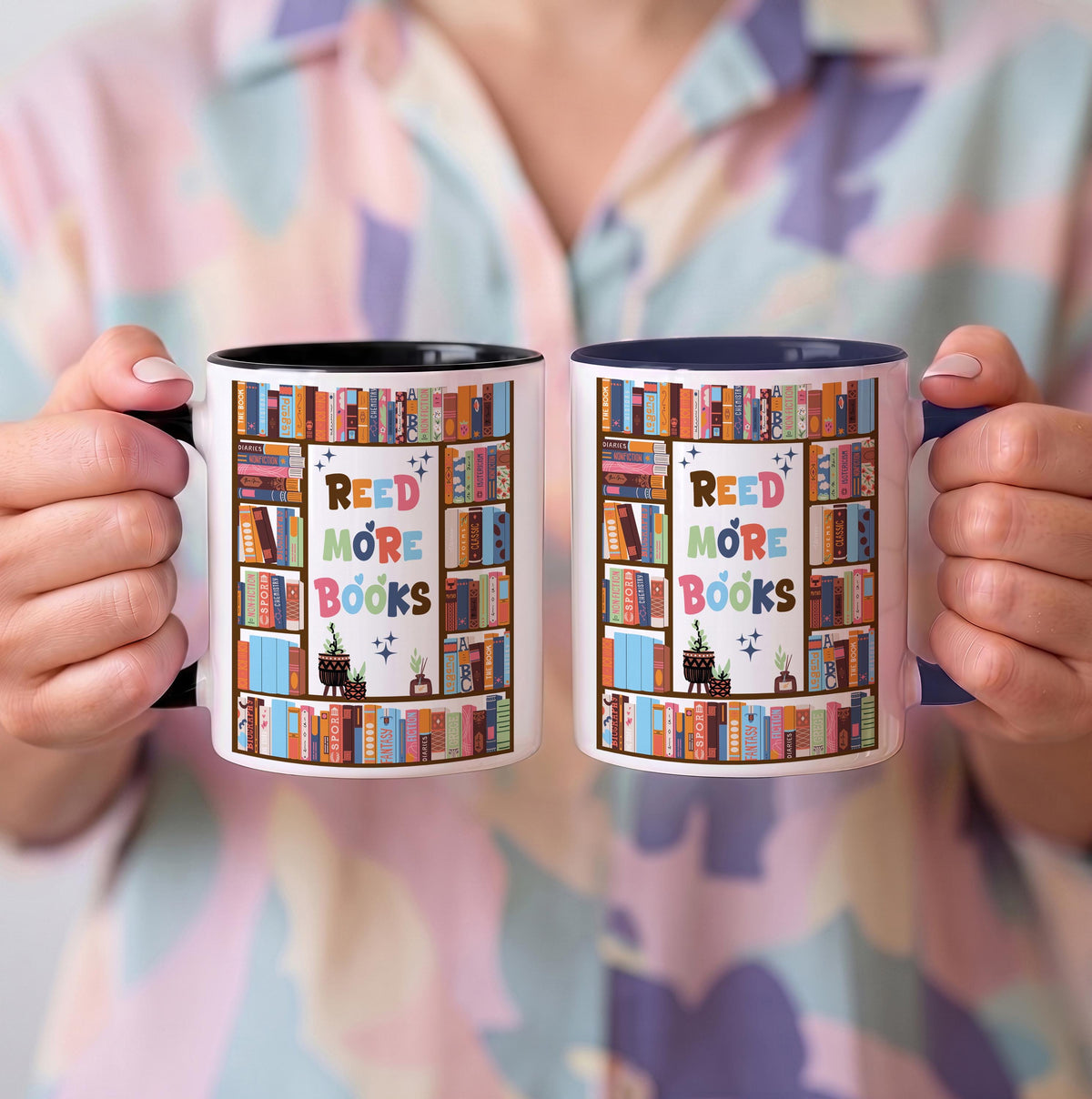 Read More Books Colorful Handle Ceramic Cup, Cute Bookshelf Reading Coffee Mug