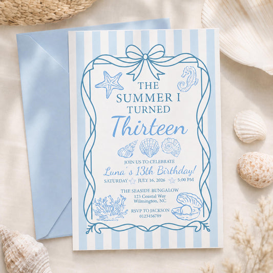 Customized Beach Birthday Invitations, Summer Seaside Party Invite (5x7 Inches)