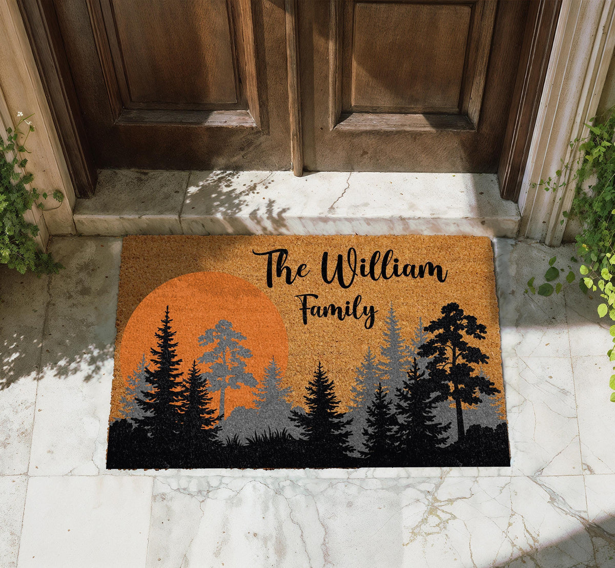 Personalized Sunset Forest Doormat, Pine Tree Cabin Welcome Mat