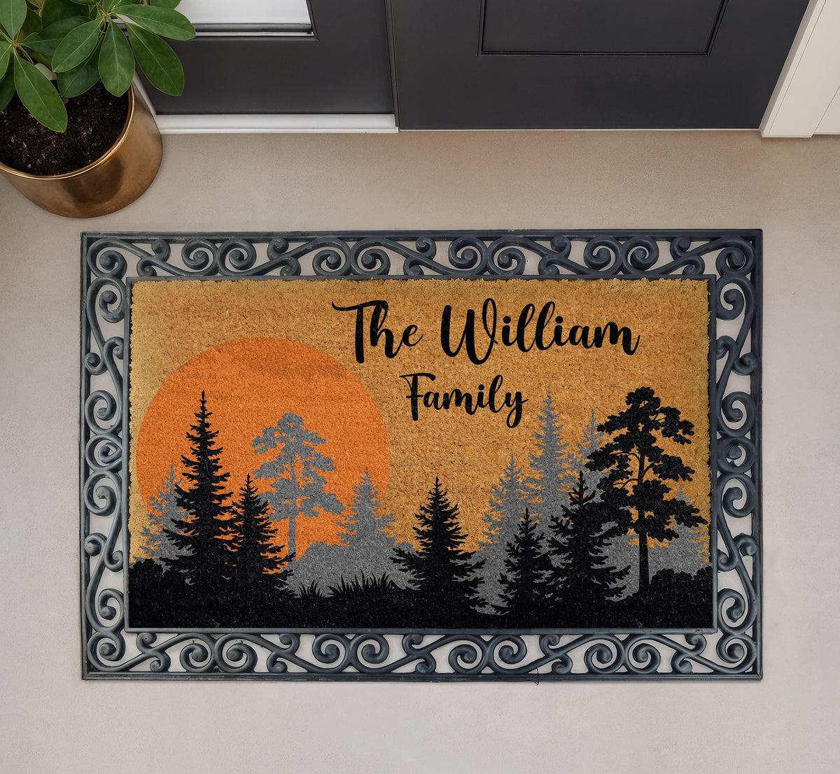 Personalized Sunset Forest Doormat, Pine Tree Cabin Welcome Mat