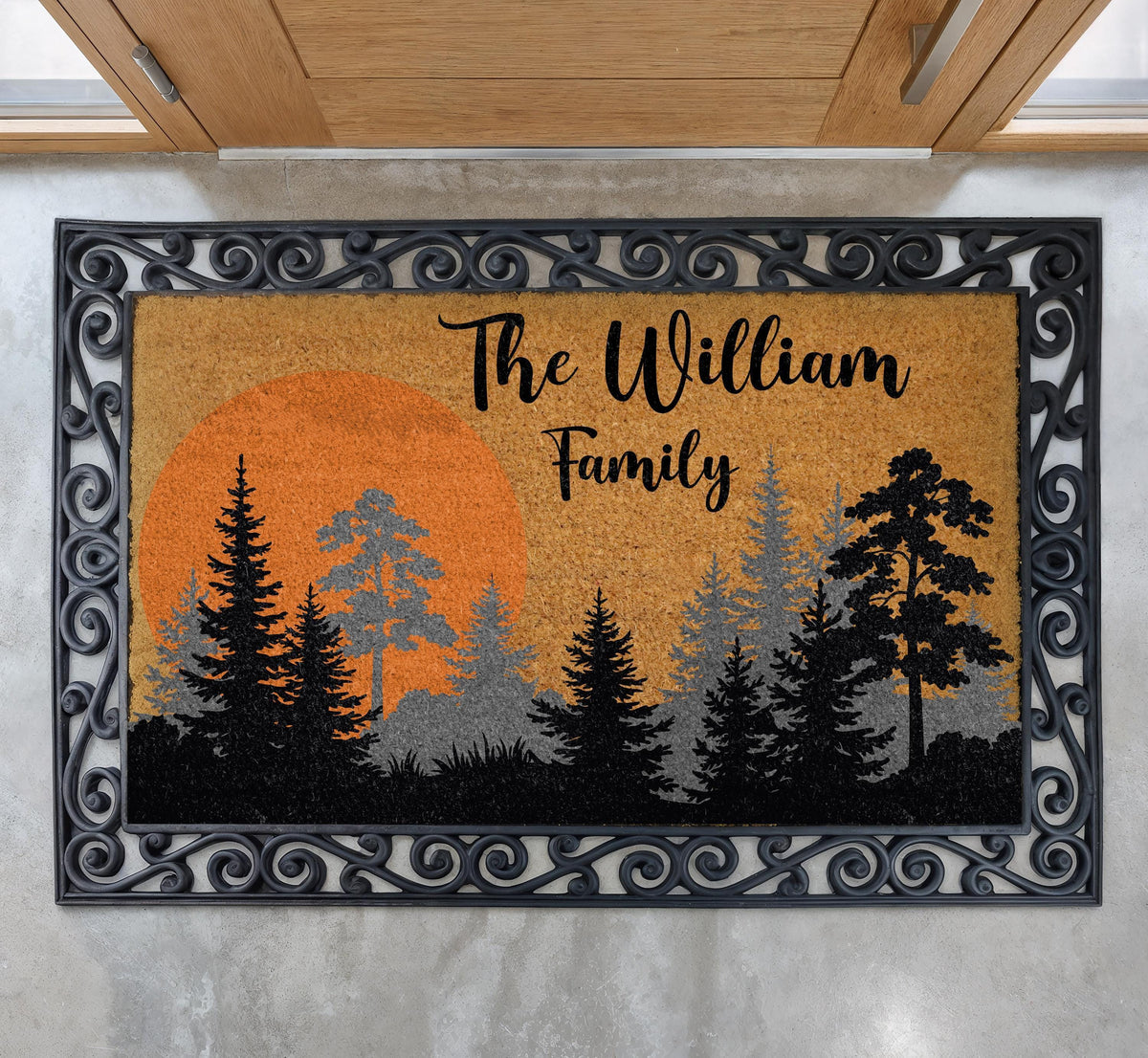 Personalized Sunset Forest Doormat, Pine Tree Cabin Welcome Mat