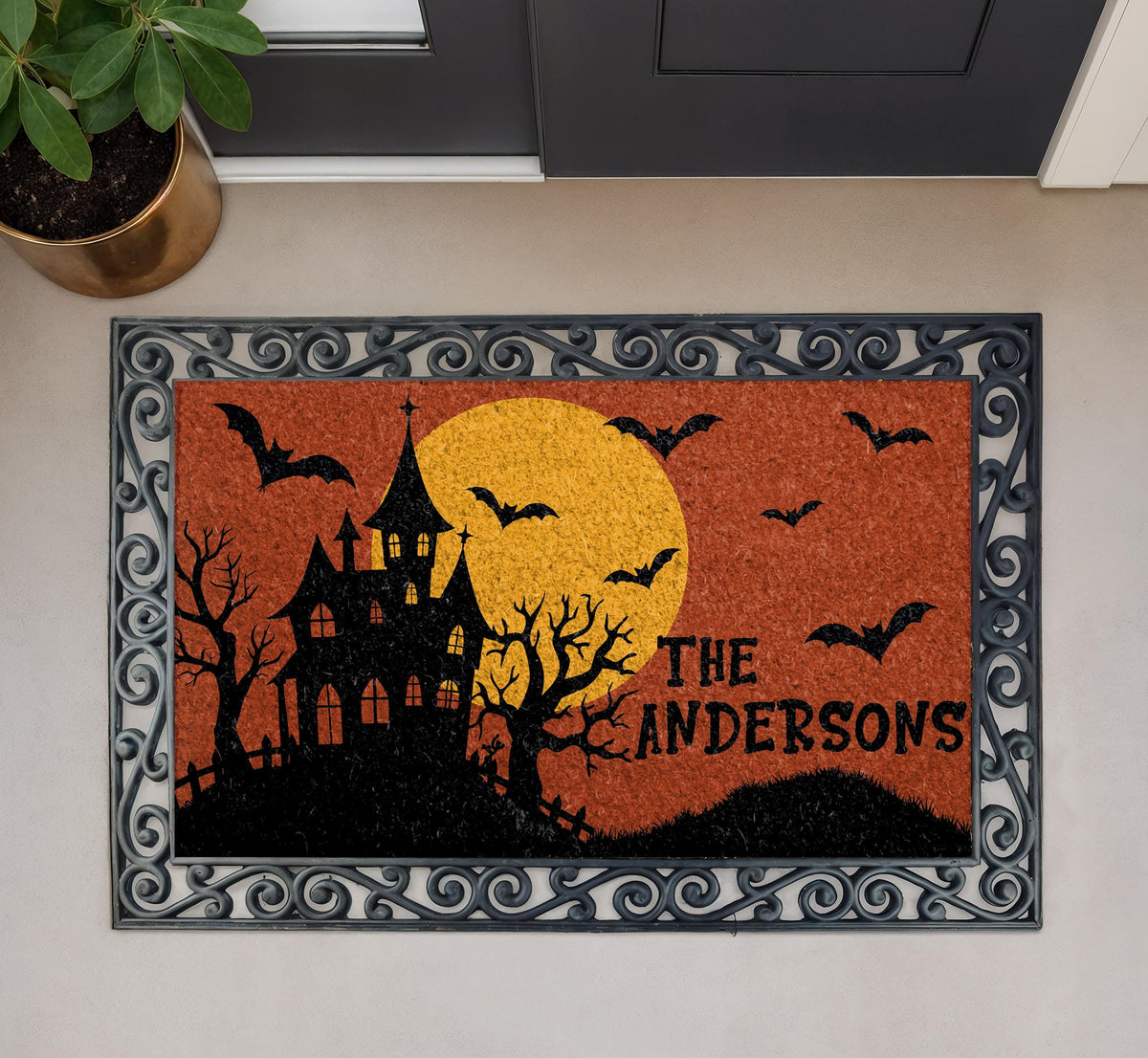 Personalized Haunted House Halloween Doormat, Spooky Family Name Welcome Mat