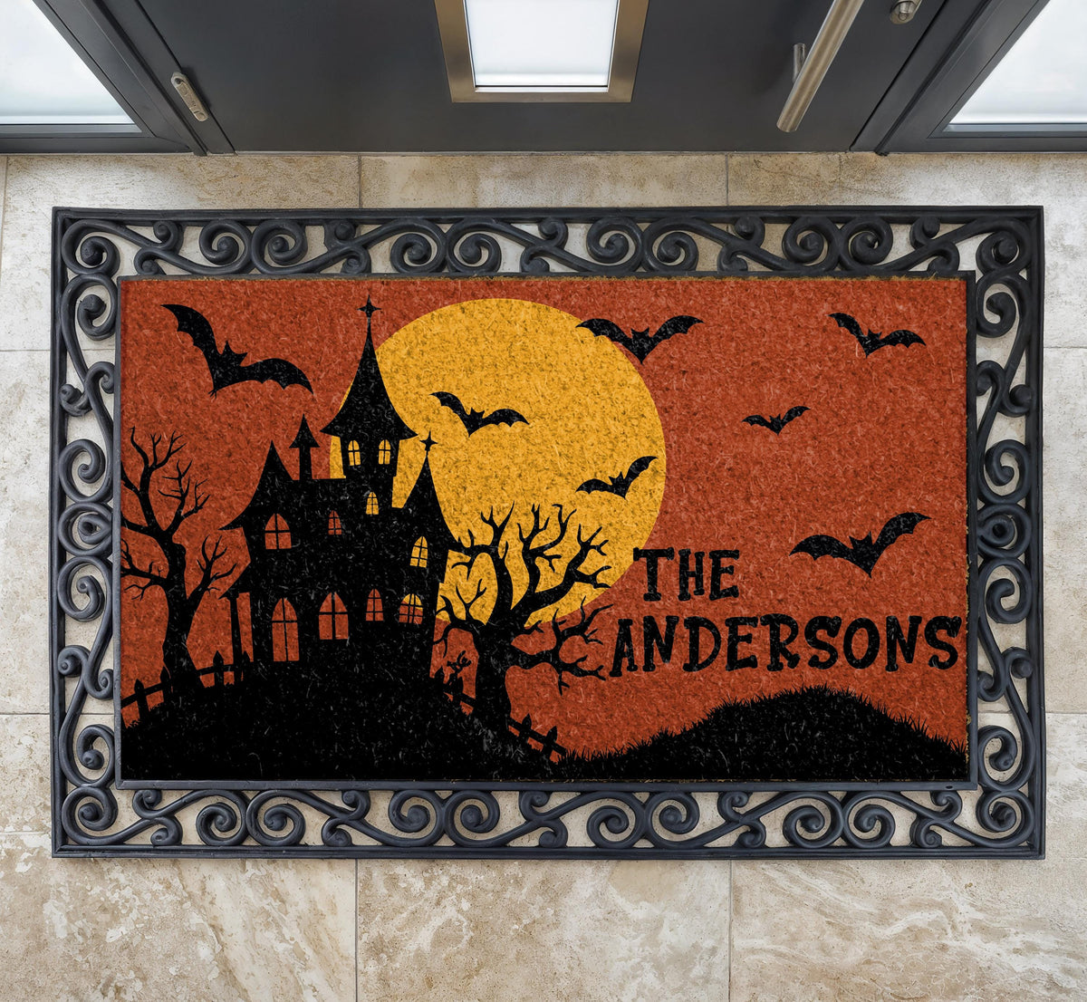 Personalized Haunted House Halloween Doormat, Spooky Family Name Welcome Mat