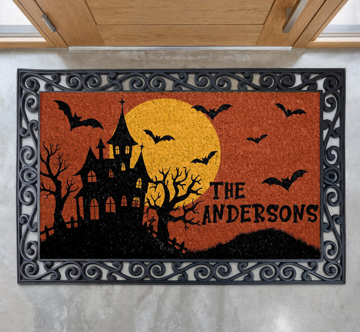 Personalized Haunted House Halloween Doormat, Spooky Family Name Welcome Mat