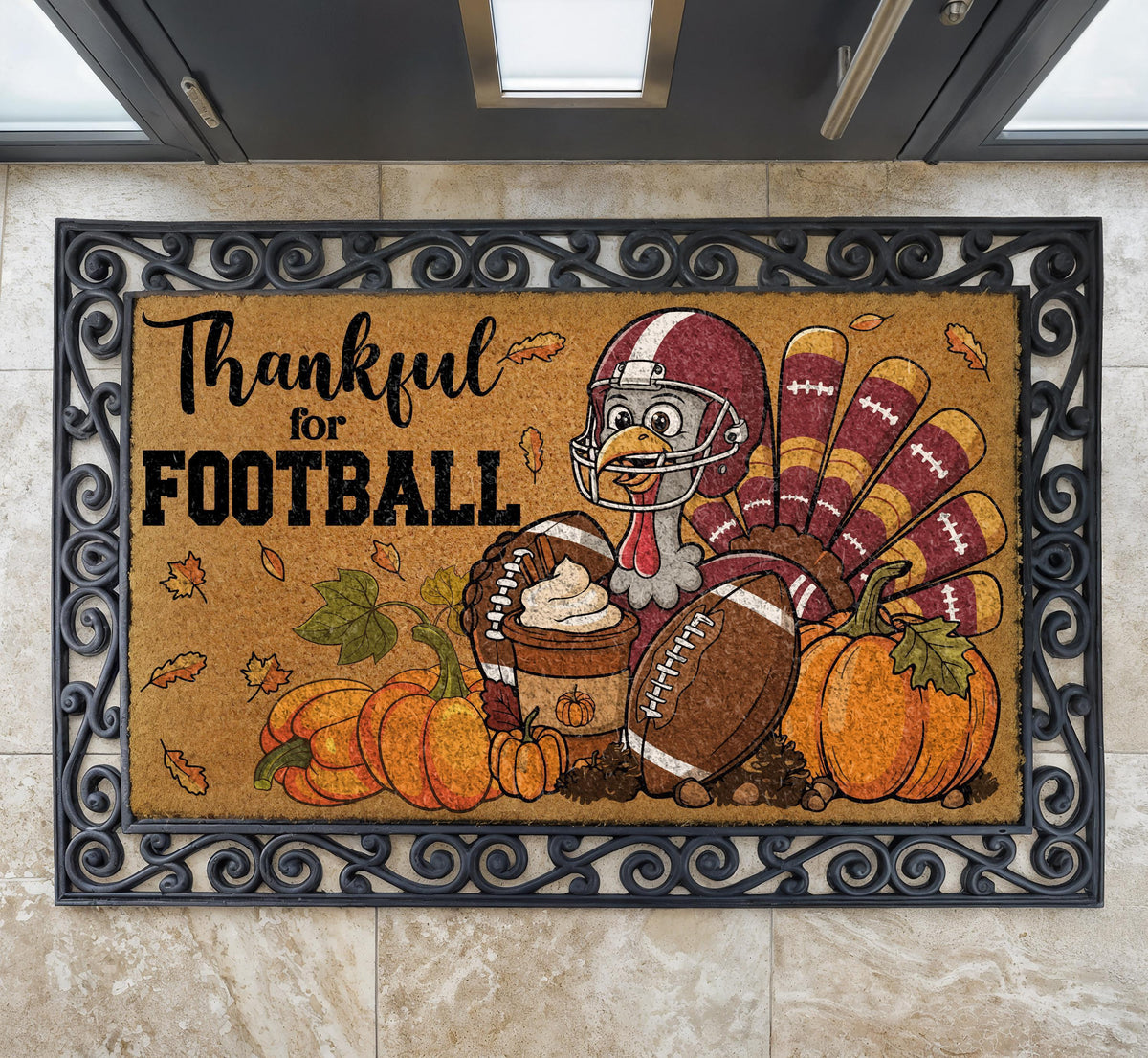 Thankful for Football Doormat, Footballer Turkey Thanksgiving Welcome Mat