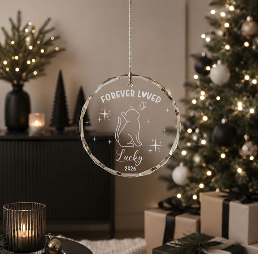 Custom Name Forever Loved Engraved Ornament, Personalized Pet Remembrance Glass Keepsake