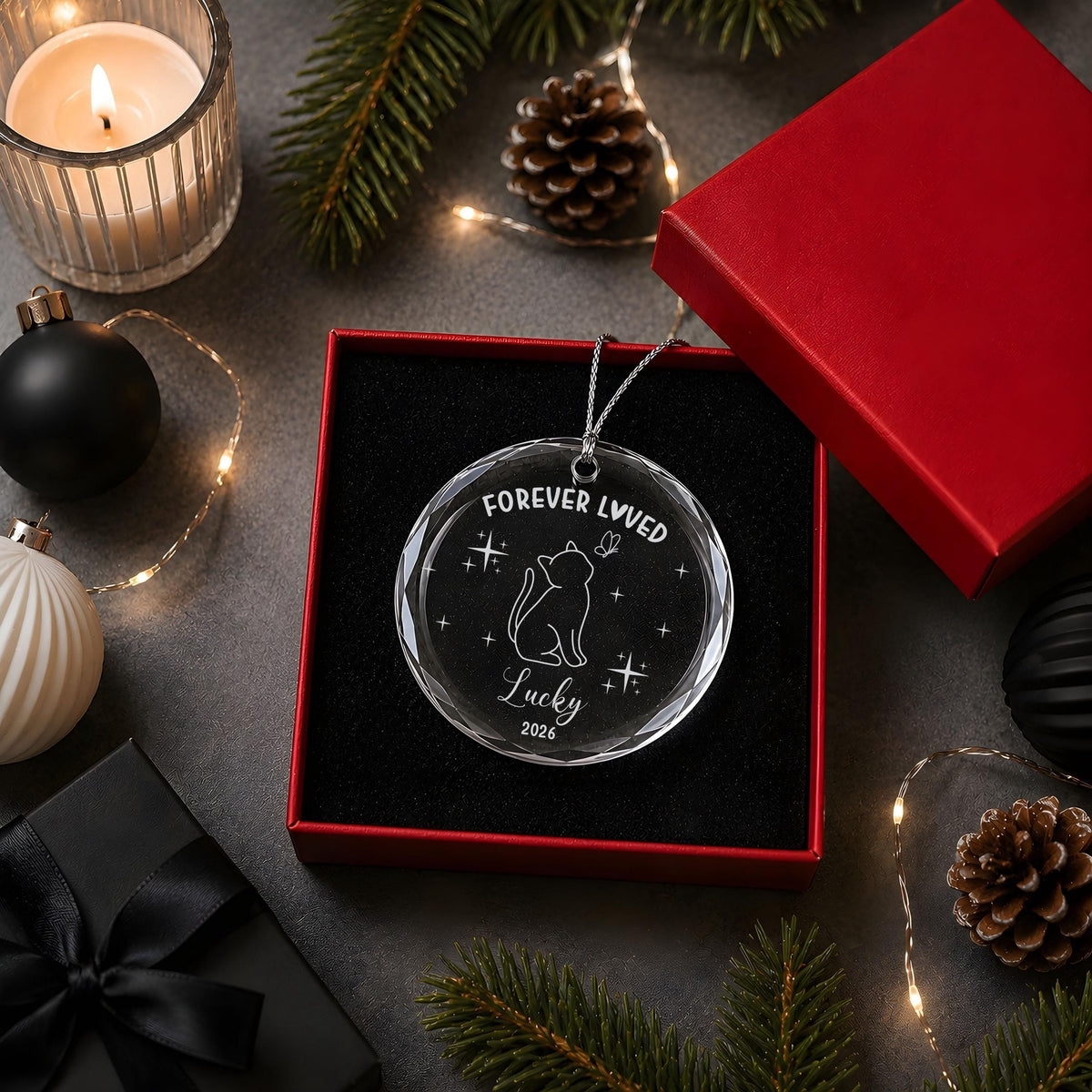 Custom Name Forever Loved Engraved Ornament, Personalized Pet Remembrance Glass Keepsake