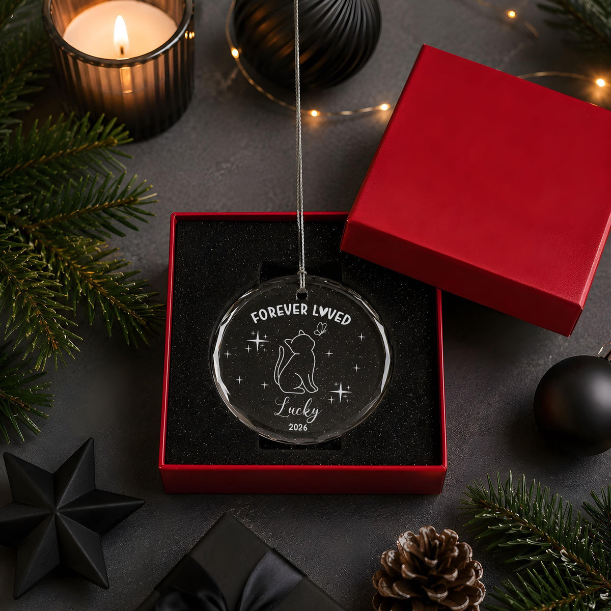 Custom Name Forever Loved Engraved Ornament, Personalized Pet Remembrance Glass Keepsake