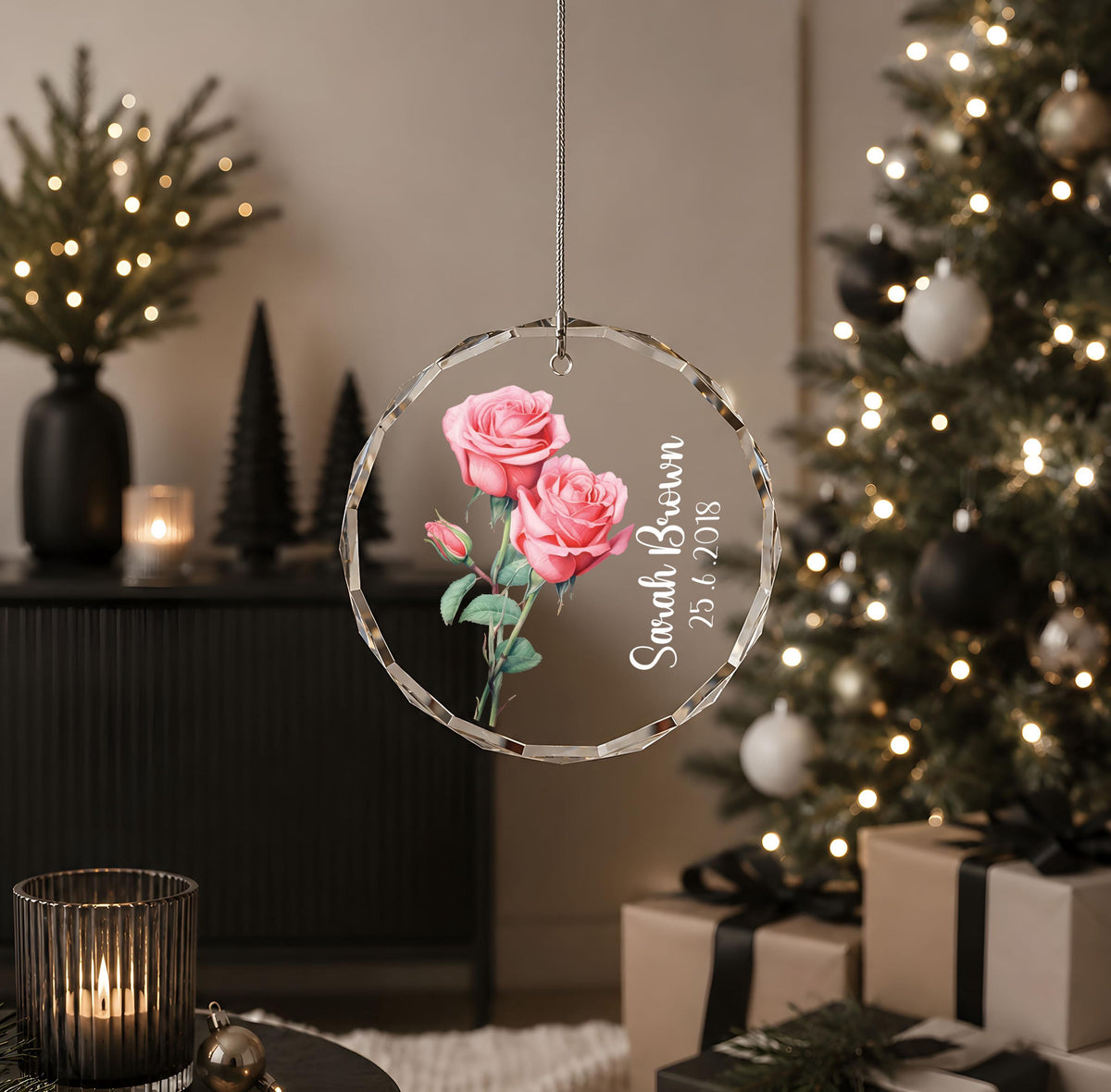 Personalized Birth Flower Round Ornament, Custom Name & Date Floral Memorial Keepsake