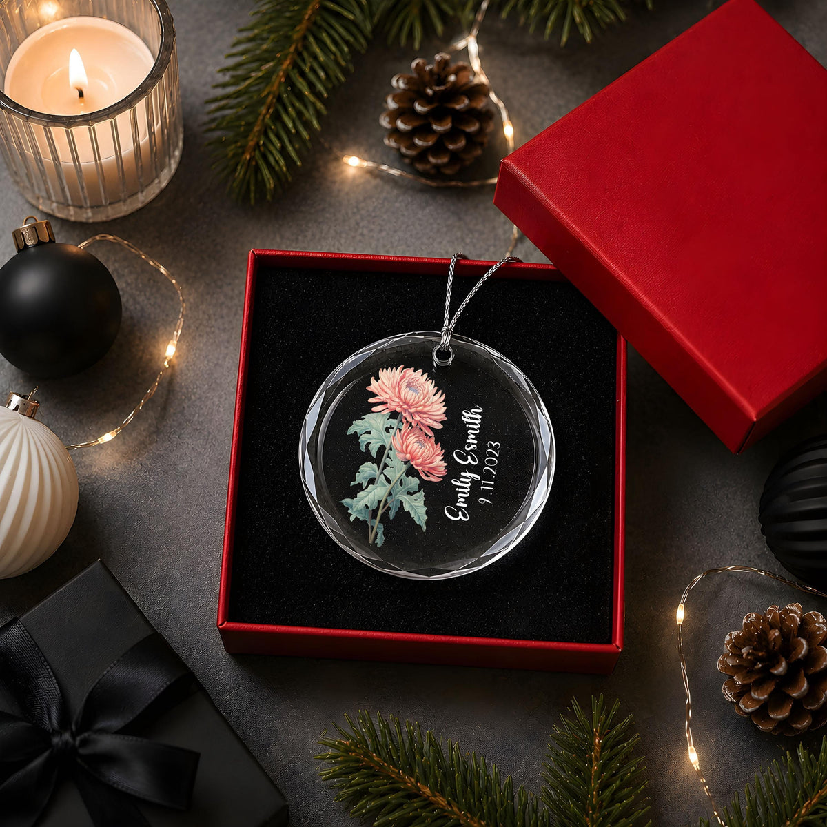 Personalized Birth Flower Round Ornament, Custom Name & Date Floral Memorial Keepsake