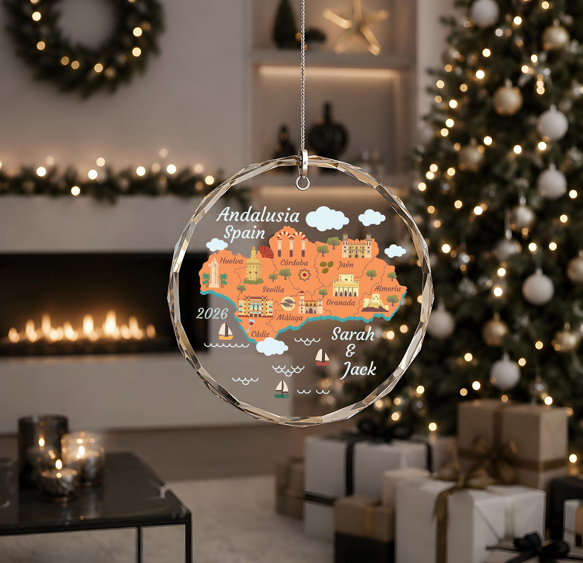Custom Name Spain Couple Vacation Ornament, Personalized Europe Travel Glass Keepsake