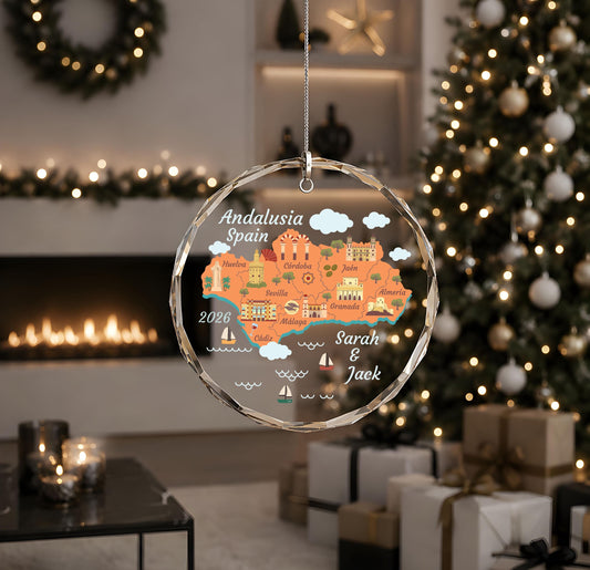 Custom Name Spain Couple Vacation Ornament, Personalized Europe Travel Glass Keepsake