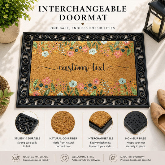 Custom Text Wildflowers Welcome Mat, Personalized Colorful Floral Interchangeable Doormat