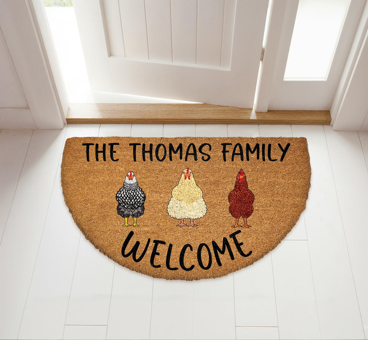 Custom Text Chicken Doormat, Personalized Farmhouse Welcome Mat, Rustic Farm Animal Decor