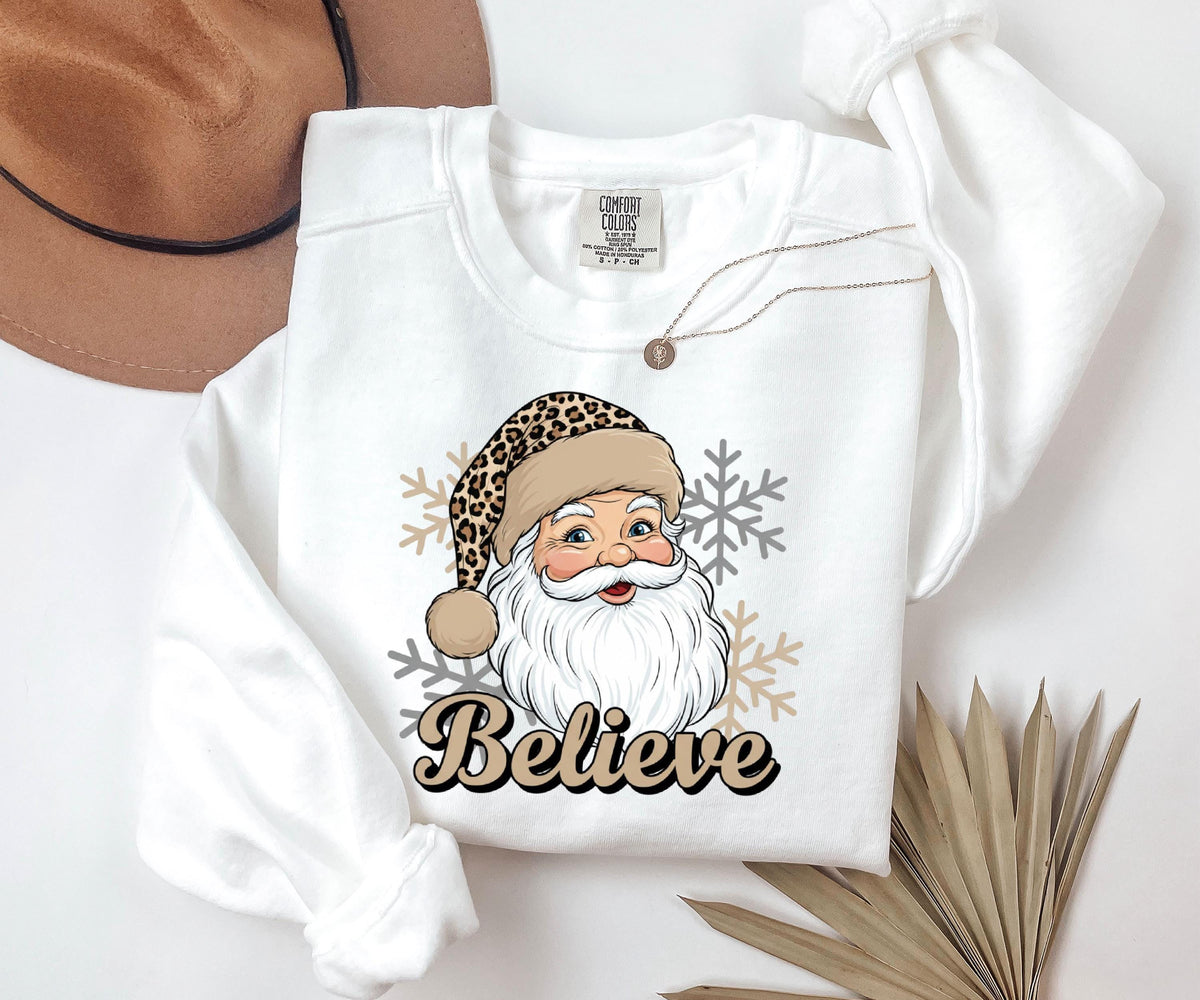 Comfort Colors® Leopard Santa Christmas Shirt, Merry Xmas Believe Tee, Holiday Women Sweatshirt