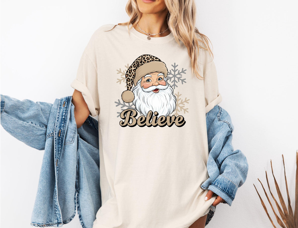 Comfort Colors® Leopard Santa Christmas Shirt, Merry Xmas Believe Tee, Holiday Women Sweatshirt