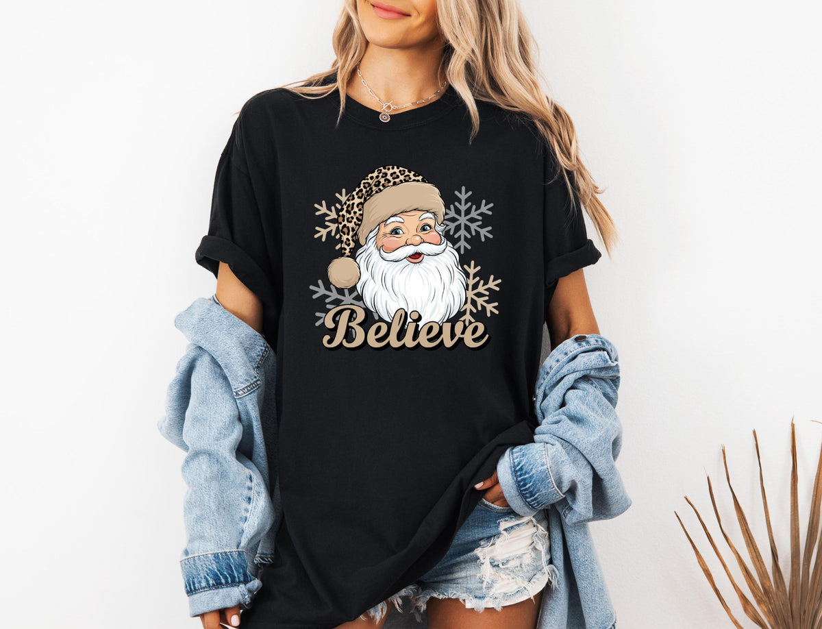 Comfort Colors® Leopard Santa Christmas Shirt, Merry Xmas Believe Tee, Holiday Women Sweatshirt