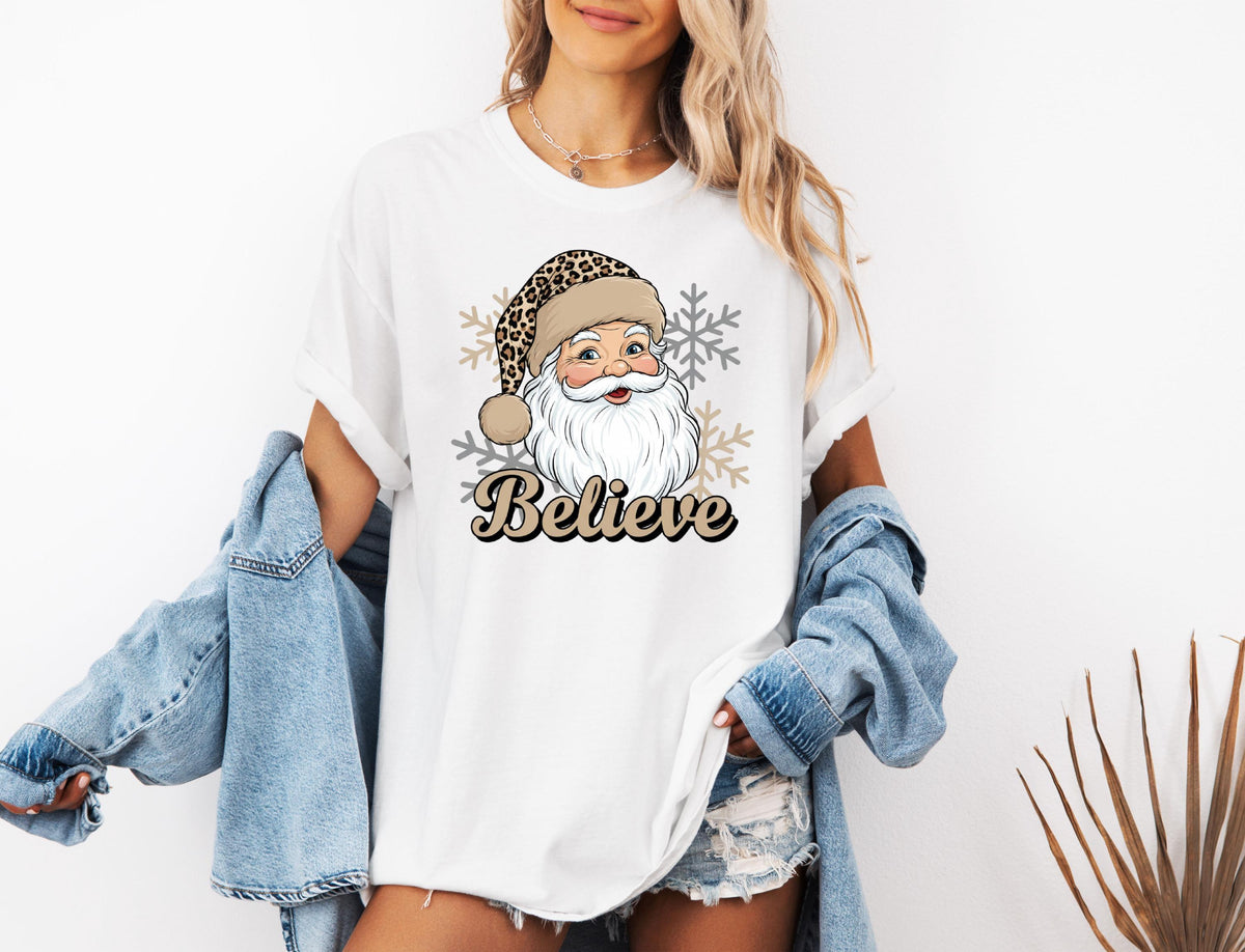Comfort Colors® Leopard Santa Christmas Shirt, Merry Xmas Believe Tee, Holiday Women Sweatshirt