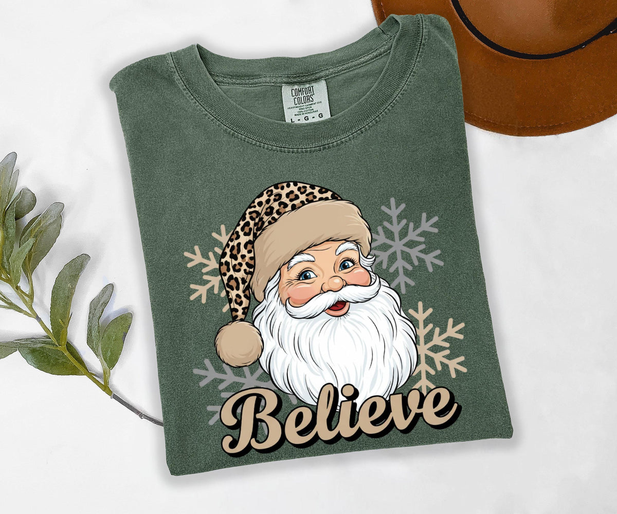 Comfort Colors® Leopard Santa Christmas Shirt, Merry Xmas Believe Tee, Holiday Women Sweatshirt