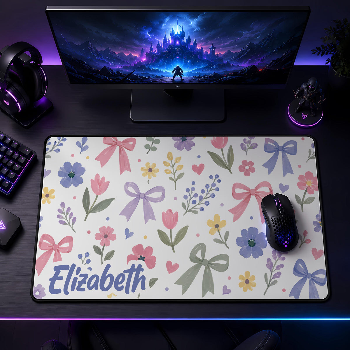 Personalized Floral Desk Mat, Coquette Kawaii Workspace Accessories, Girly Office Mousepad