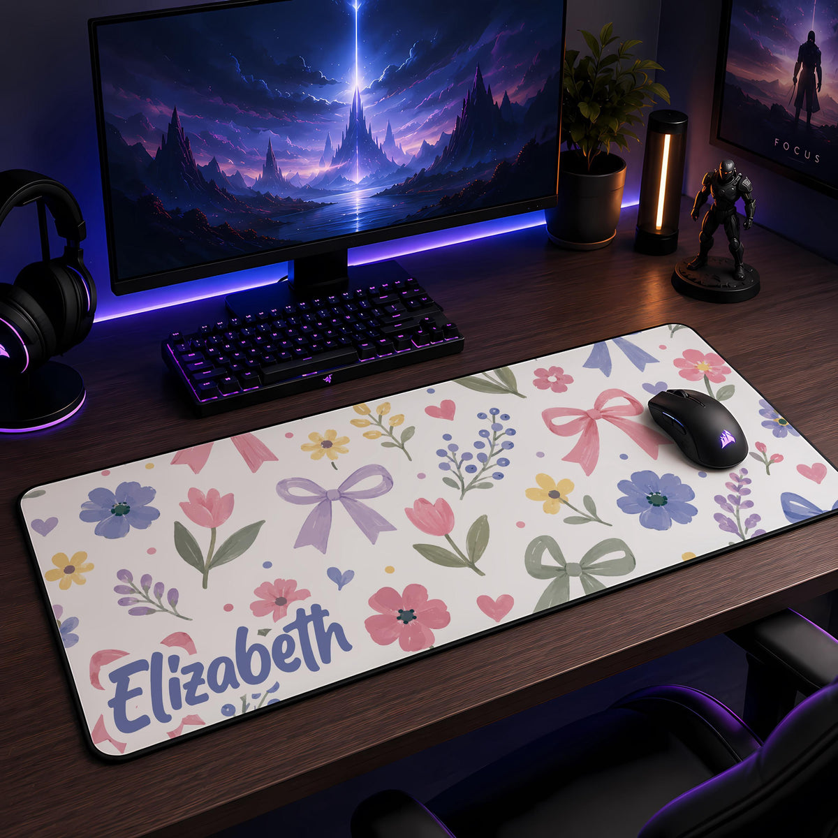 Personalized Floral Desk Mat, Coquette Kawaii Workspace Accessories, Girly Office Mousepad