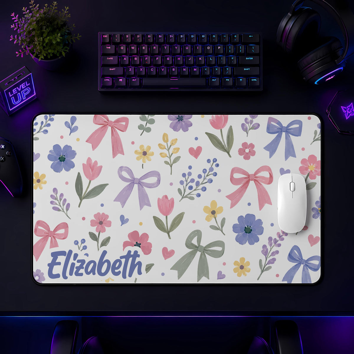 Personalized Floral Desk Mat, Coquette Kawaii Workspace Accessories, Girly Office Mousepad