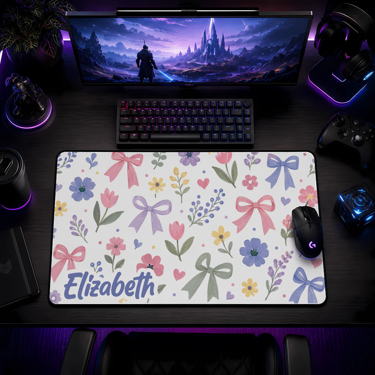Personalized Floral Desk Mat, Coquette Kawaii Workspace Accessories, Girly Office Mousepad