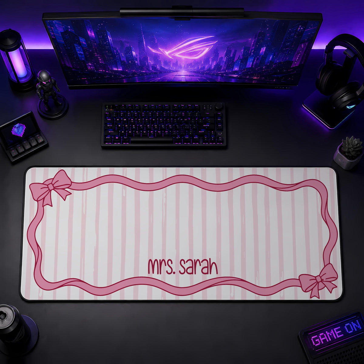 Personalized Preppy Bow Desk Mat, Kawaii Teacher Name Mouse Pad, Striped Setup Accessories