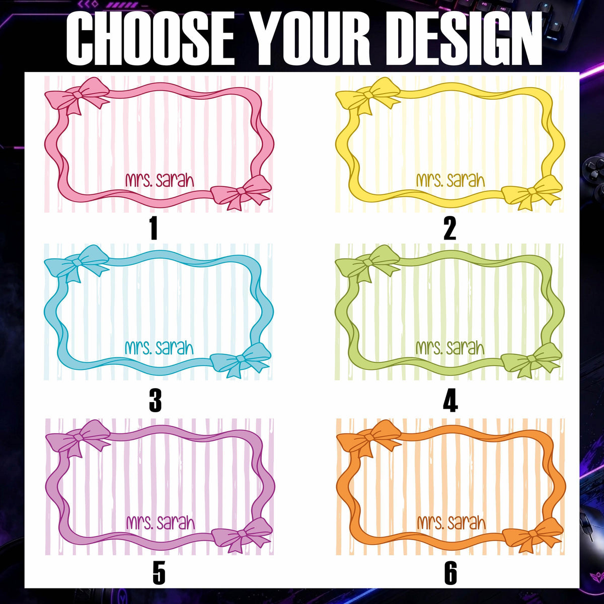 Personalized Preppy Bow Desk Mat, Kawaii Teacher Name Mouse Pad, Striped Setup Accessories