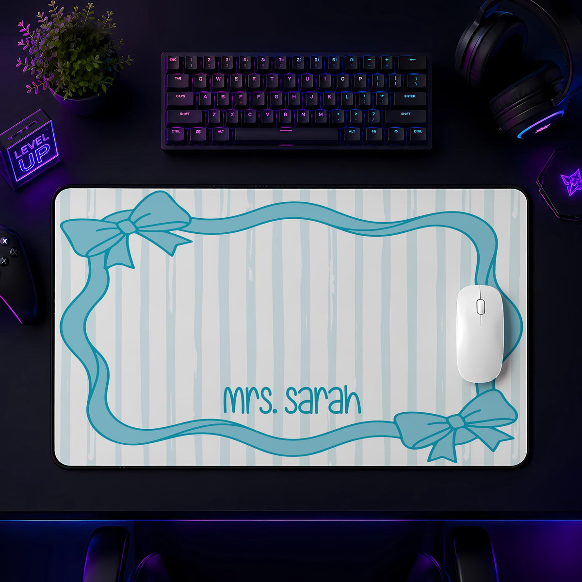 Personalized Preppy Bow Desk Mat, Kawaii Teacher Name Mouse Pad, Striped Setup Accessories