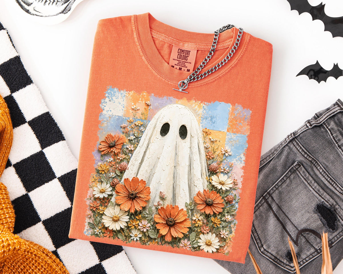 Floral Ghost Comfort Colors® Shirt, Checkered Halloween T-Shirt, Spooky Season Women Tee