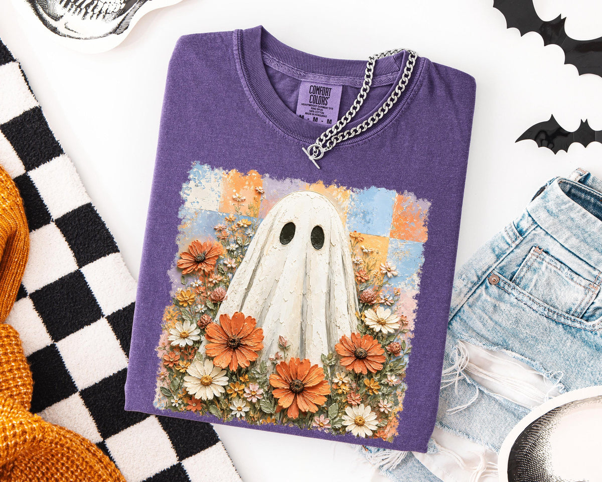 Floral Ghost Comfort Colors® Shirt, Checkered Halloween T-Shirt, Spooky Season Women Tee