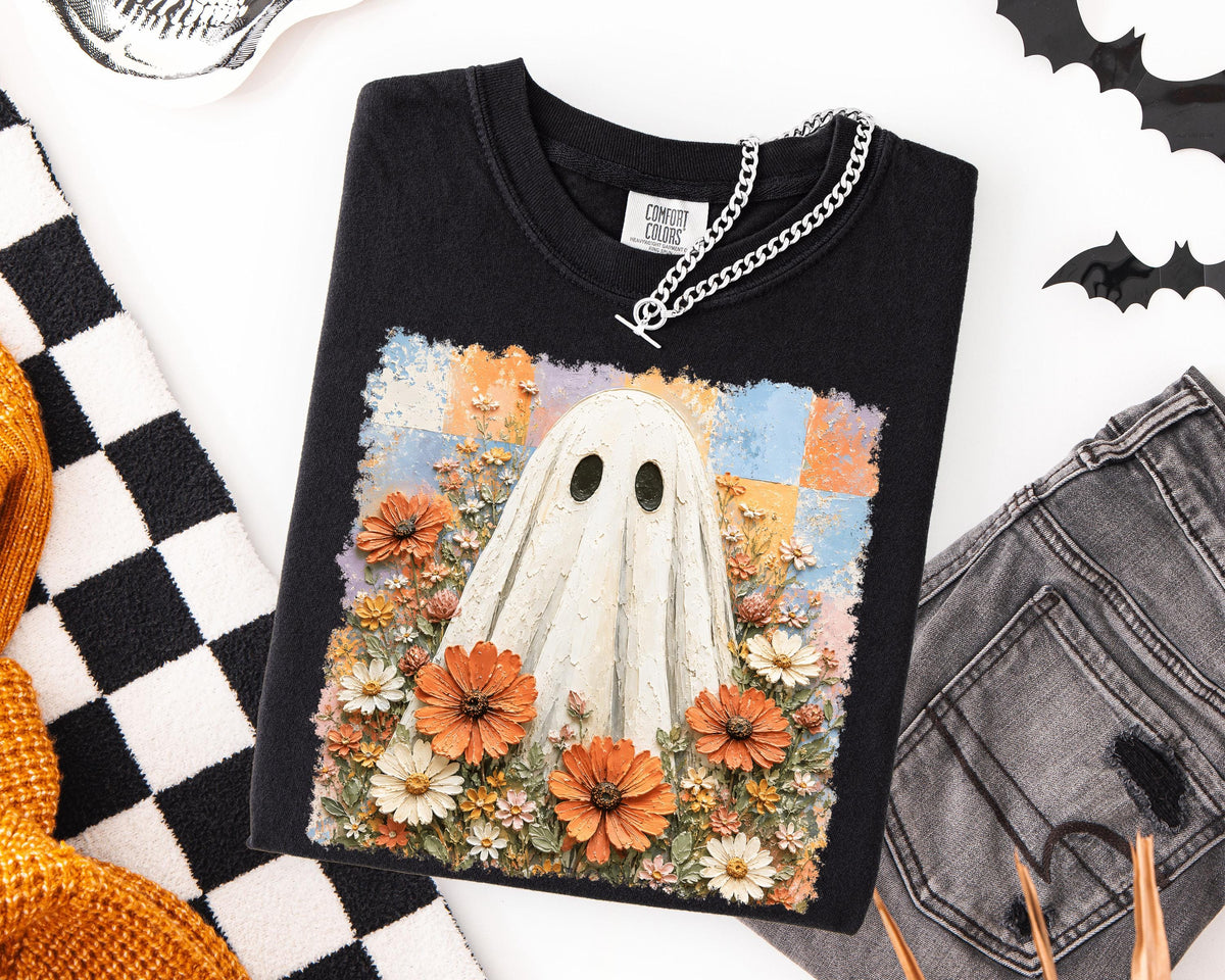 Floral Ghost Comfort Colors® Shirt, Checkered Halloween T-Shirt, Spooky Season Women Tee
