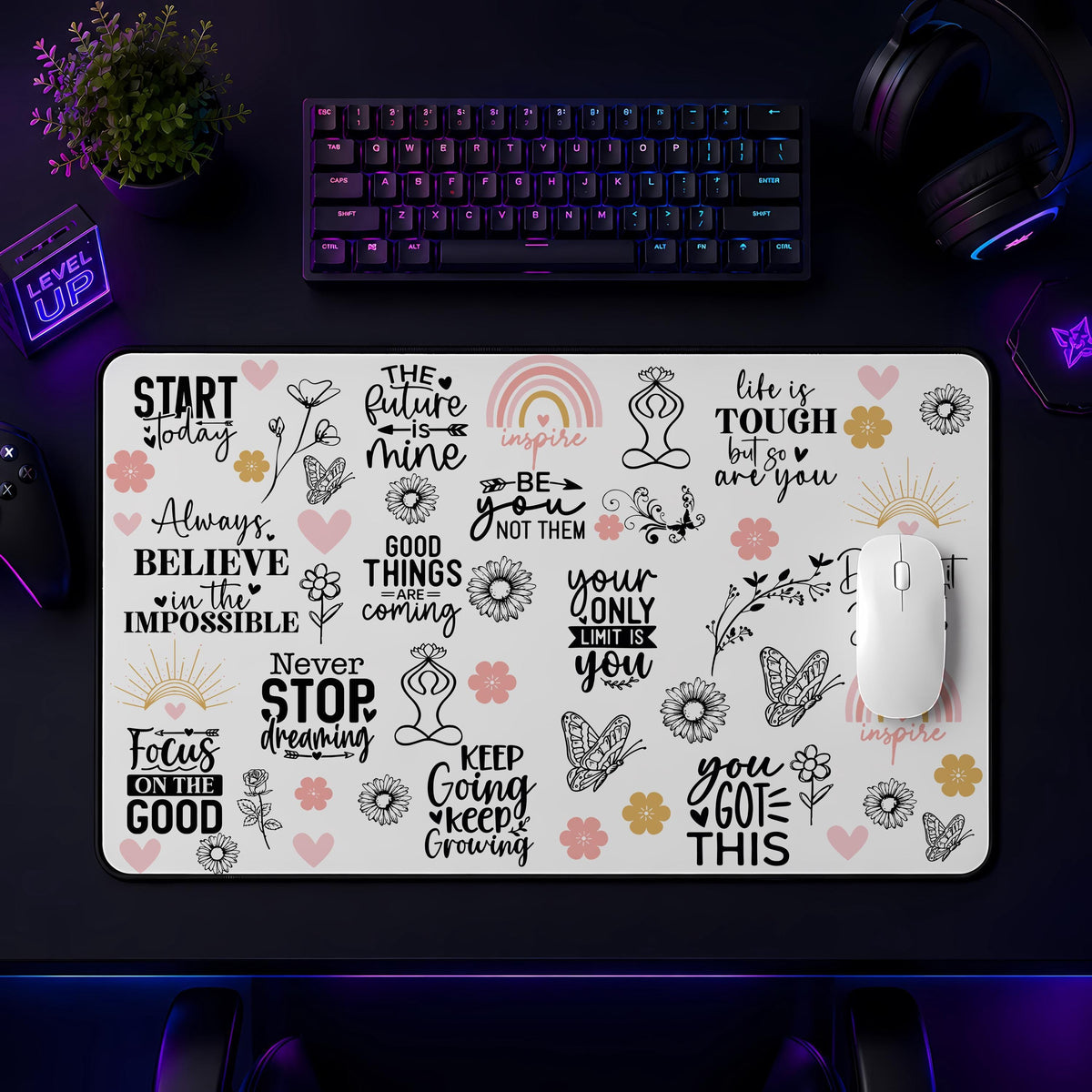 Inspirational Desk Mat, Motivational Floral Mouse Pad, Positive Affirmation Workspace Decor
