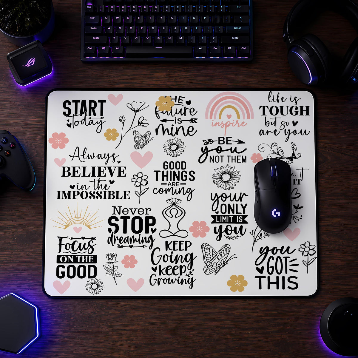 Inspirational Desk Mat, Motivational Floral Mouse Pad, Positive Affirmation Workspace Decor