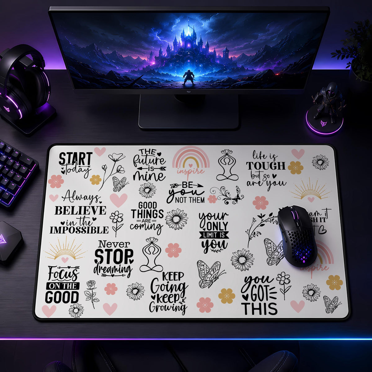 Inspirational Desk Mat, Motivational Floral Mouse Pad, Positive Affirmation Workspace Decor