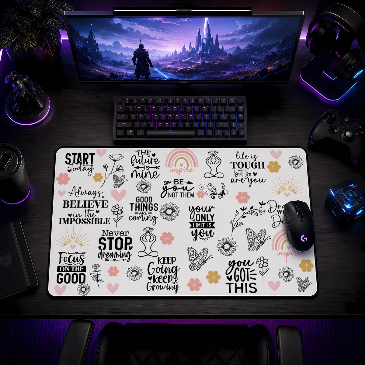 Inspirational Desk Mat, Motivational Floral Mouse Pad, Positive Affirmation Workspace Decor