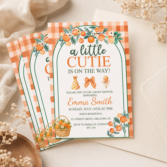 Citrus Baby Shower Invitation, Watercolor Oranges, Gingham Detail, Gender Neutral (5x7 Inches)