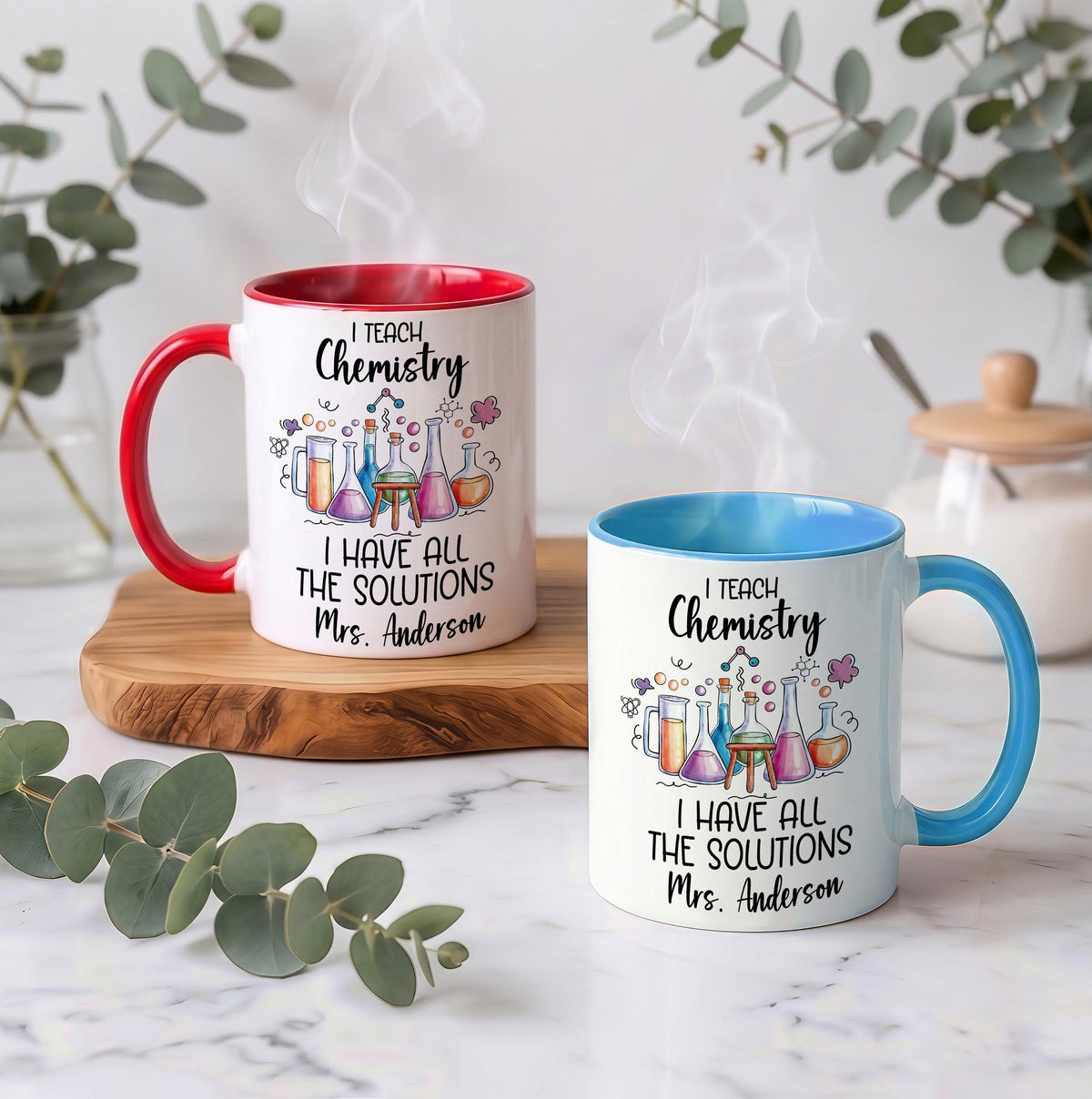I Teach Chemistry I Have All the Solutions Mug, Custom Name Science Teacher Coffee Cup