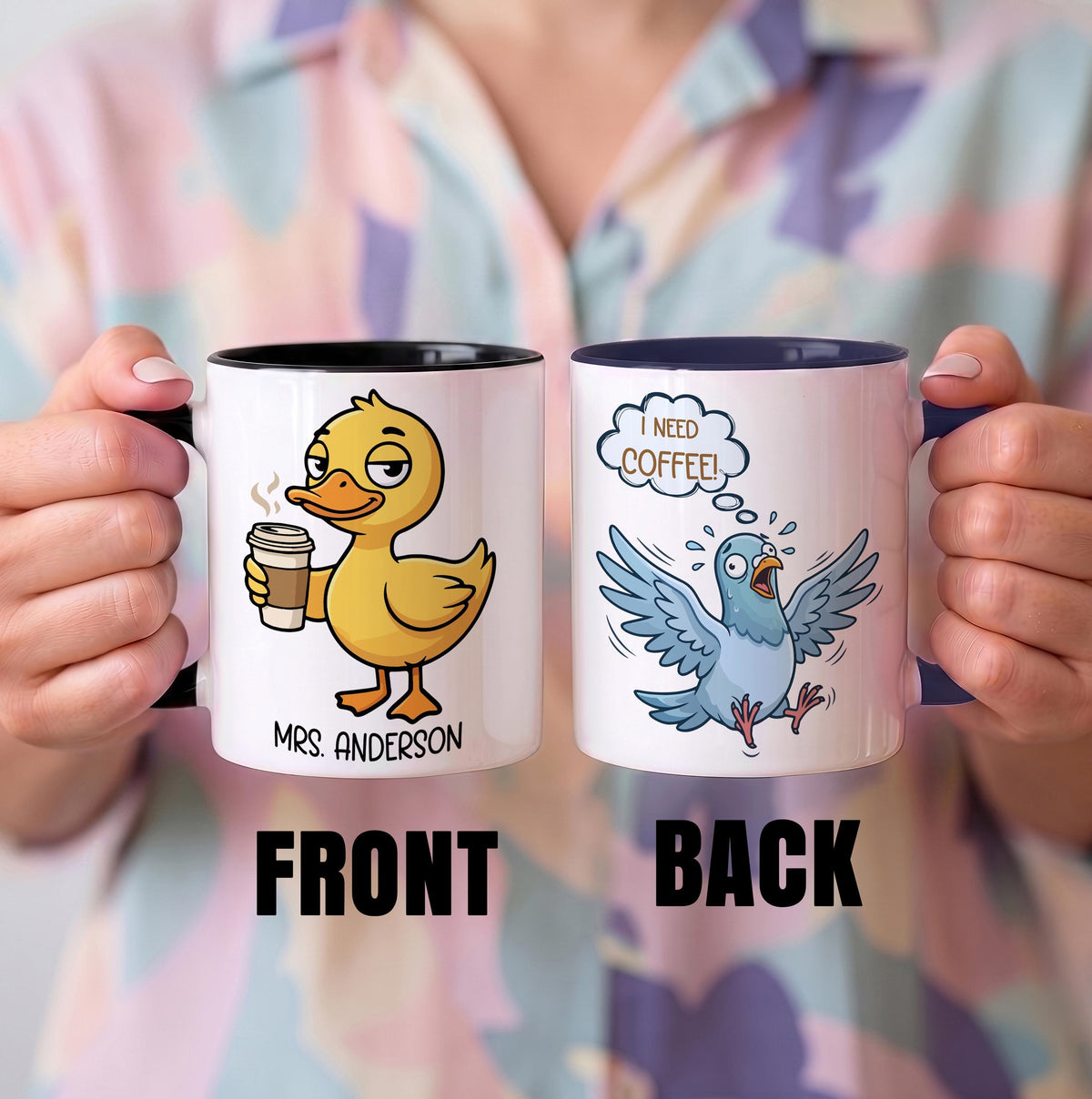 Custom Name Funny Teacher Coffee Mug, Duck and Pigeon I Need Coffee Quote Cup