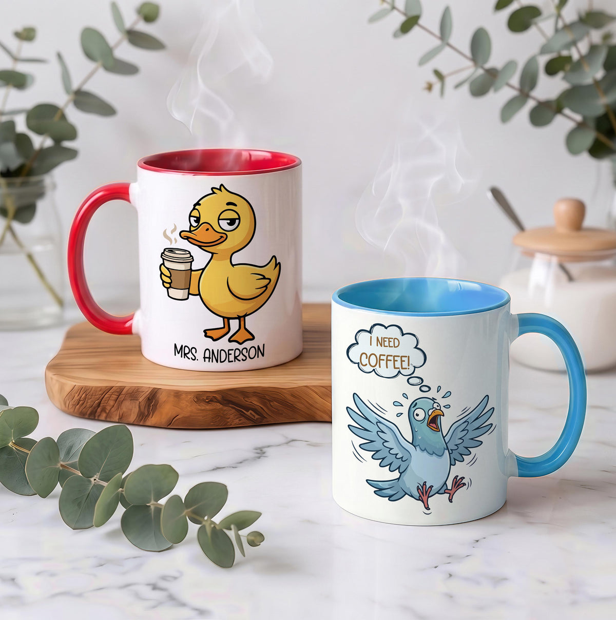 Custom Name Funny Teacher Coffee Mug, Duck and Pigeon I Need Coffee Quote Cup