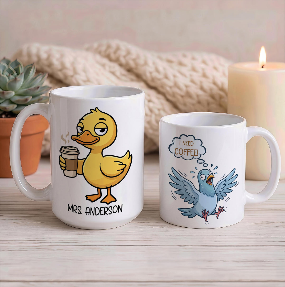 Custom Name Funny Teacher Coffee Mug, Duck and Pigeon I Need Coffee Quote Cup