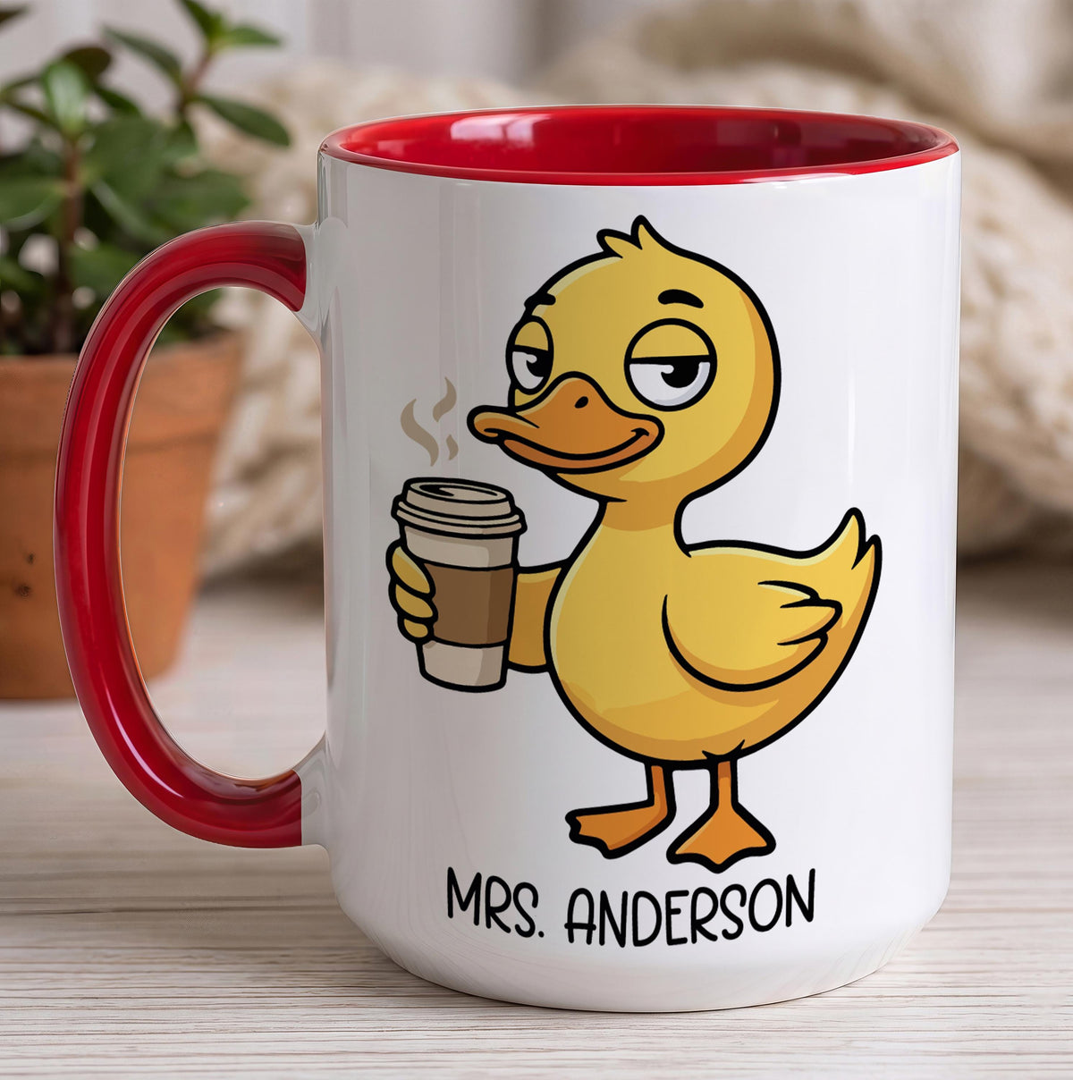 Custom Name Funny Teacher Coffee Mug, Duck and Pigeon I Need Coffee Quote Cup