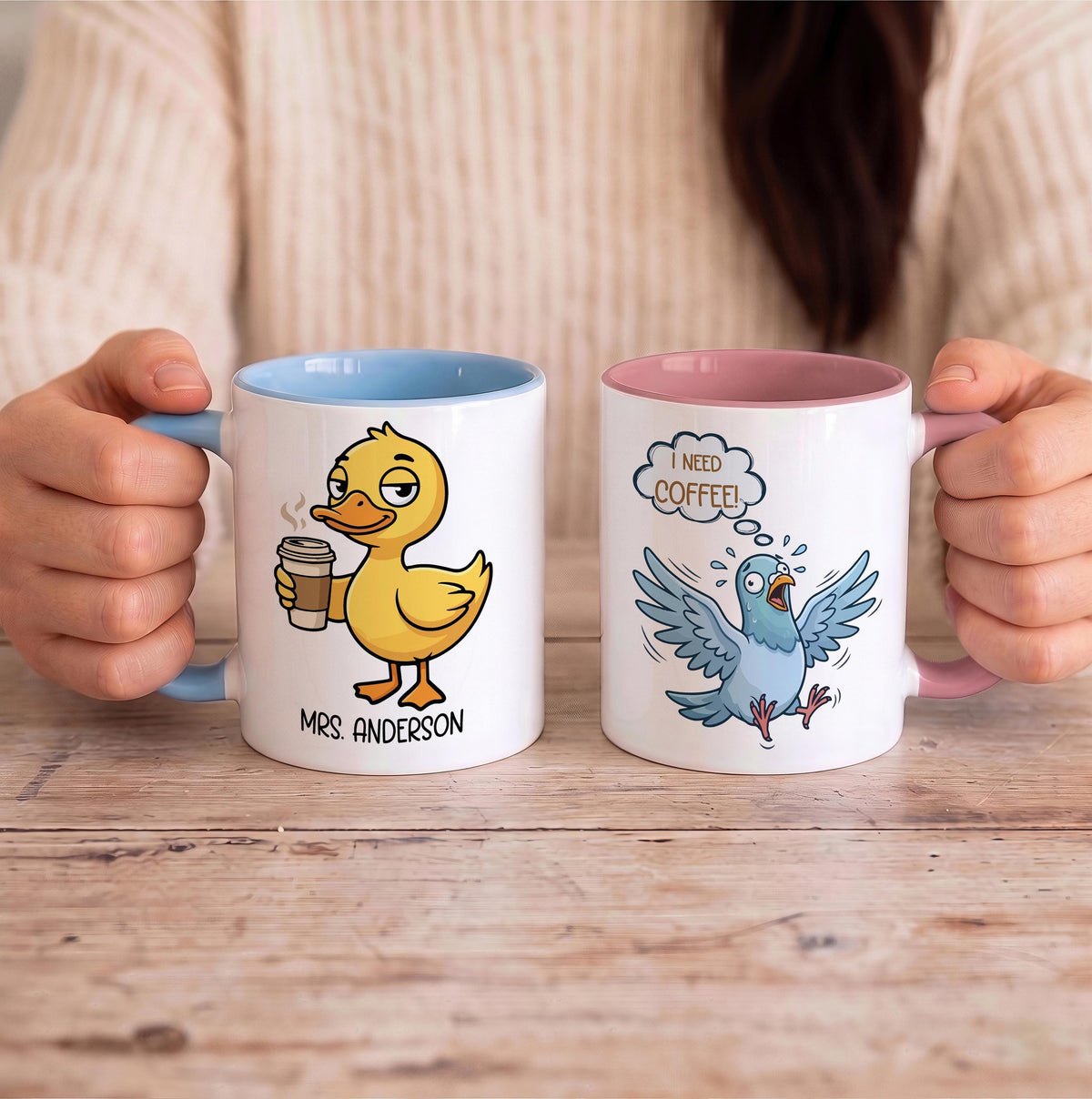 Custom Name Funny Teacher Coffee Mug, Duck and Pigeon I Need Coffee Quote Cup