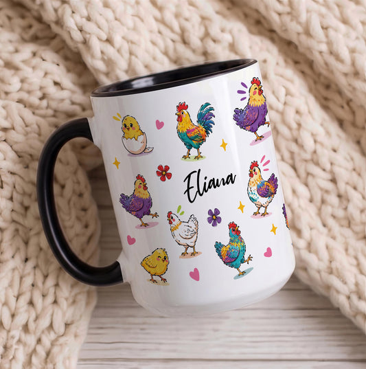 Custom Name Hen Rooster Coffee Mug, Colorful Farm Animal Ceramic Cup, Chicken Mom Gift