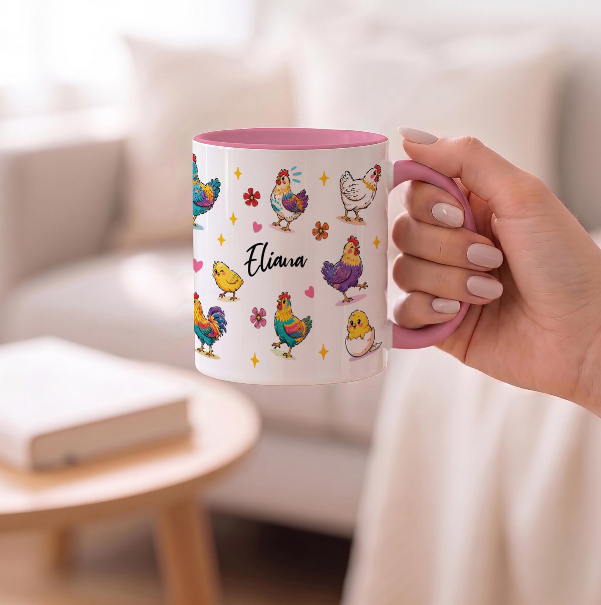Custom Name Hen Rooster Coffee Mug, Colorful Farm Animal Ceramic Cup, Chicken Mom Gift