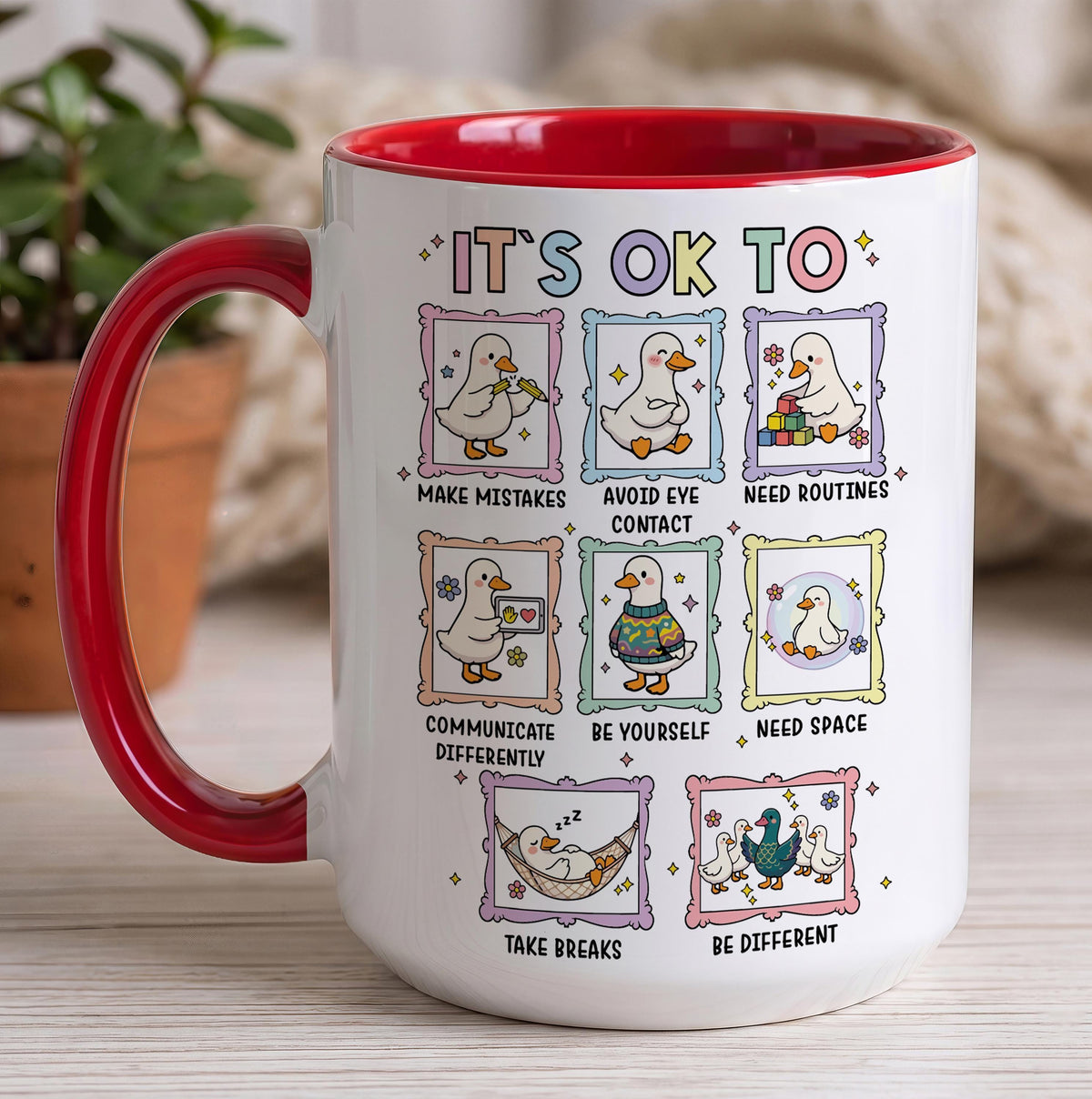 Autism Acceptance Duck Mug, Neurodiversity Ceramic Cup, Colorful Handle Teacher Gift