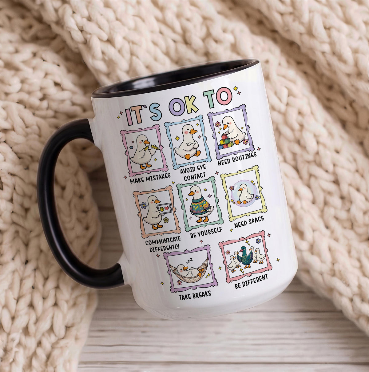 Autism Acceptance Duck Mug, Neurodiversity Ceramic Cup, Colorful Handle Teacher Gift