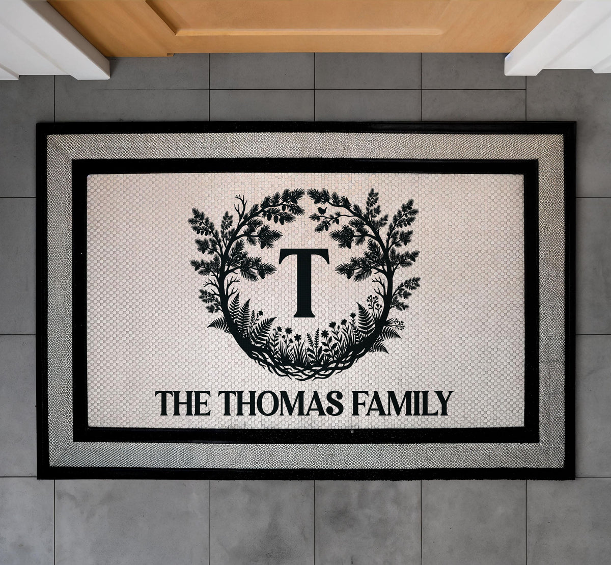 Custom Family Name Floral Wreath Doormat, Elegant Welcome Mat, Housewarming Gift Rug