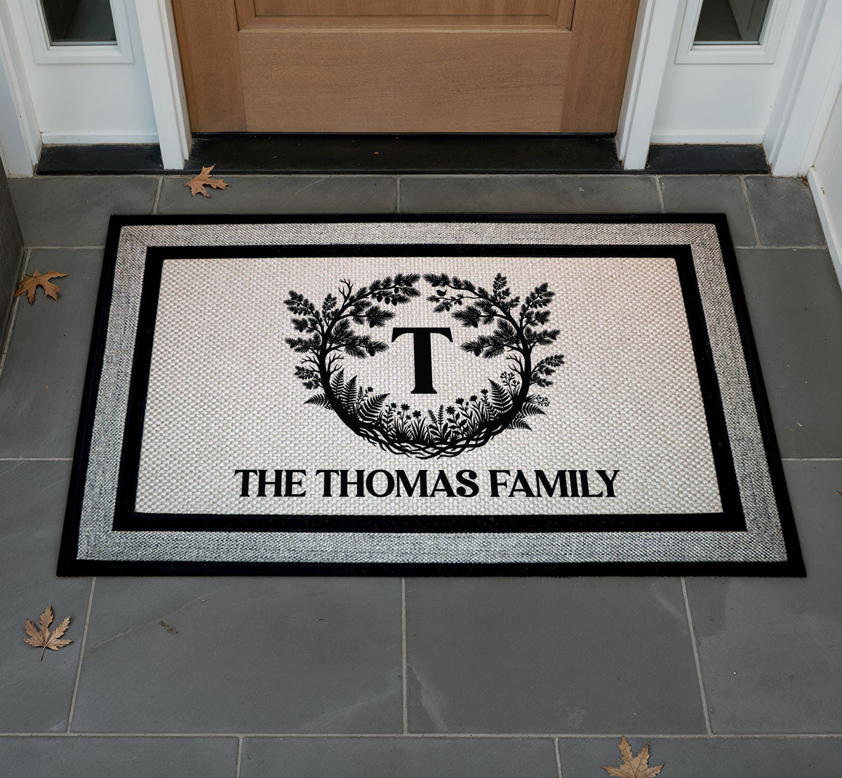 Custom Family Name Floral Wreath Doormat, Elegant Welcome Mat, Housewarming Gift Rug